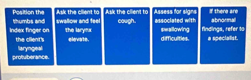 Position the Ask the client to Ask the client to Assess for signs If there are
thumbs and swallow and feel cough. associated with abnormal
index finger on the larynx swallowing findings, refer to
the client's elevate. difficulties. a specialist.
laryngeal
protuberance.