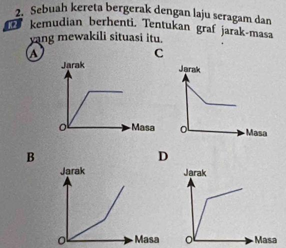 Sebuah kereta bergerak dengan laju seragam dan
kemudian berhenti. Tentukan graf jarak-masa
yang mewakili situasi itu.
a
C
Jarak
o Masa
B
D
Jarak
o Masa