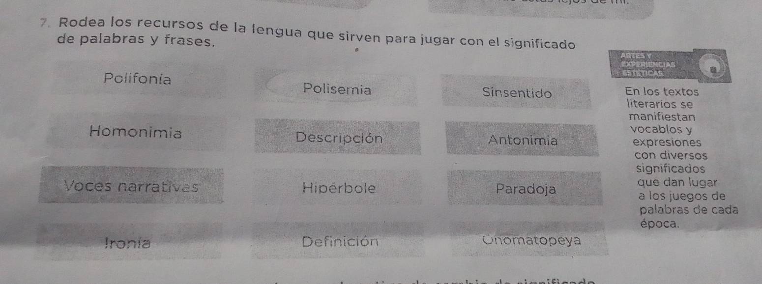 Rodea los recursos de la lengua que sirven para jugar con el significado 
de palabras y frases. 
ARTES Y 
EXPERIENCIAS 
ESTETICAS 
Polifonia Polisernia Sinsentido En los textos 
literarios se 
manifiestan 
Homonimia vocablos y 
Descripción Antonimia expresiones 
con diversos 
significados 
Voces narrativas Hiperbole Paradoja 
que dan lugar 
a los juegos de 
palabras de cada 
época. 
Ironía Definición Onomatopeya