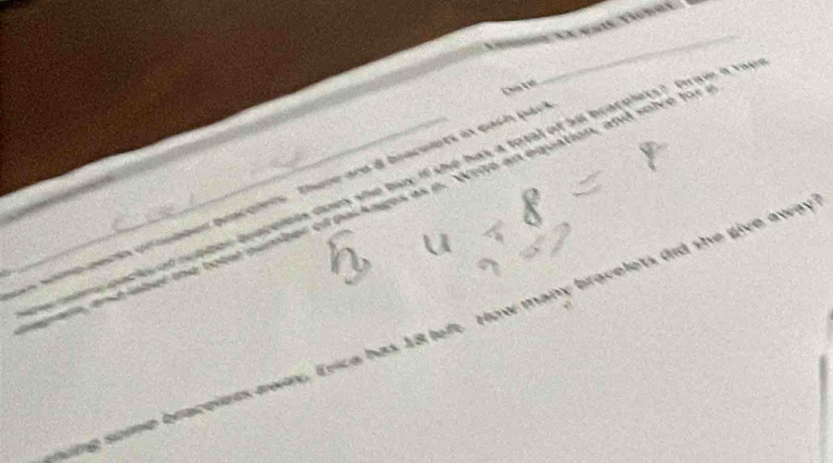 ec oeimy packs of rupber brapelels does she buy if she has a total of 5el bracplets? fraw a var 
omo pecia priooer pracoiets. There are d bracelets in each par 
pem, anst laber the total oumber of paskages as p. Write an equation, and solve for 
n so me bracelets away, Eric s 18 left. How many bracelets did she give away