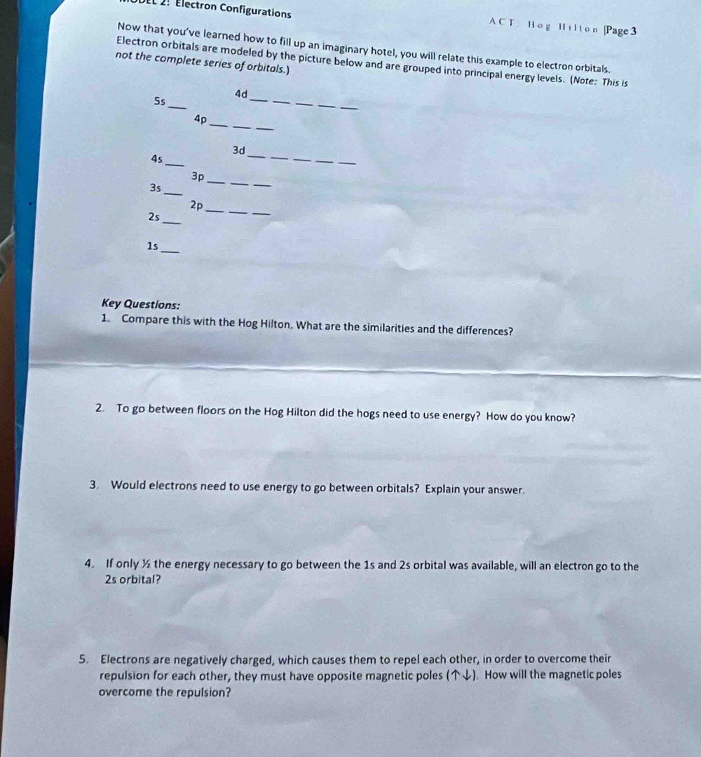 2: Électron Configurations 
A C T H o g ll i l t o n |Page 3 
Now that you've learned how to fill up an imaginary hotel, you will relate this example to electron orbitals. 
Electron orbitals are modeled by the picture below and are grouped into principal energy levels. (Note: This is 
not the complete series of orbitals.) 
4d 
5s 
_ 
_ 
_ 
_ 
_ 
_ 
4p_ 
3d 
_ 
_ 
4s 
_ 
_ 
_ 
3p_ 
3s_ 
__ 
2p_ 
_ 
2s 
1s 
_ 
Key Questions: 
1. Compare this with the Hog Hilton. What are the similarities and the differences? 
2. To go between floors on the Hog Hilton did the hogs need to use energy? How do you know? 
3. Would electrons need to use energy to go between orbitals? Explain your answer. 
4. If only ½ the energy necessary to go between the 1s and 2s orbital was available, will an electron go to the
2s orbital? 
5. Electrons are negatively charged, which causes them to repel each other, in order to overcome their 
repulsion for each other, they must have opposite magnetic poles (↓). How will the magnetic poles 
overcome the repulsion?