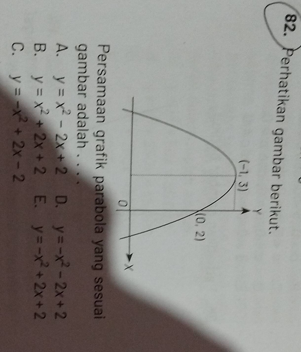 Perhatikan gambar berikut.
Persamaan grafik parabola yang sesuai
gambar adalah . . . .
A. y=x^2-2x+2 D. y=-x^2-2x+2
B. y=x^2+2x+2 E. y=-x^2+2x+2
C. y=-x^2+2x-2