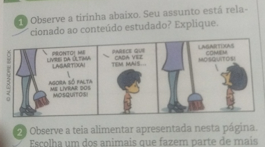 Observe a tirinha abaixo. Seu assunto está rela- 
cionado ao conteúdo estudado? Explique. 
20 Observe a teia alimentar apresentada nesta página. 
Escolha um dos animais que fazem parte de mais