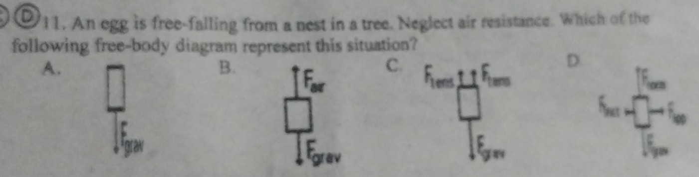 An egg is free-falling from a nest in a tree. Neglect air resistance. Which of the
following free-body diagram represent this situation?
A.
B.
C.
D.
tans
o