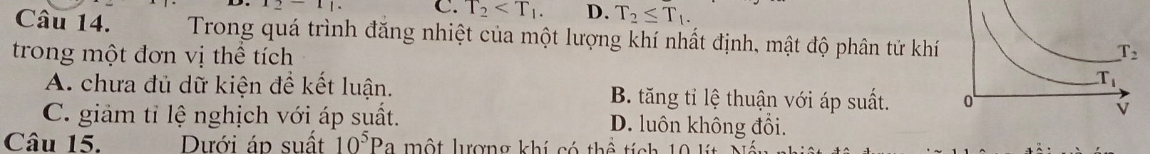 12-1|.
C. T_2 D. T_2≤ T_1.
Câu 14.  Trong quá trình đăng nhiệt của một lượng khí nhất định, mật độ phân tử khí
trong một đơn vị thể tích
A. chưa đủ dữ kiện đề kết luận. B. tăng tỉ lệ thuận với áp suất.
C. giảm tỉ lệ nghịch với áp suất. D. luôn không đổi.
Câu 15. Dưới áp suất 10^5 Ba một lượng khí có thể tích 10 l i   N