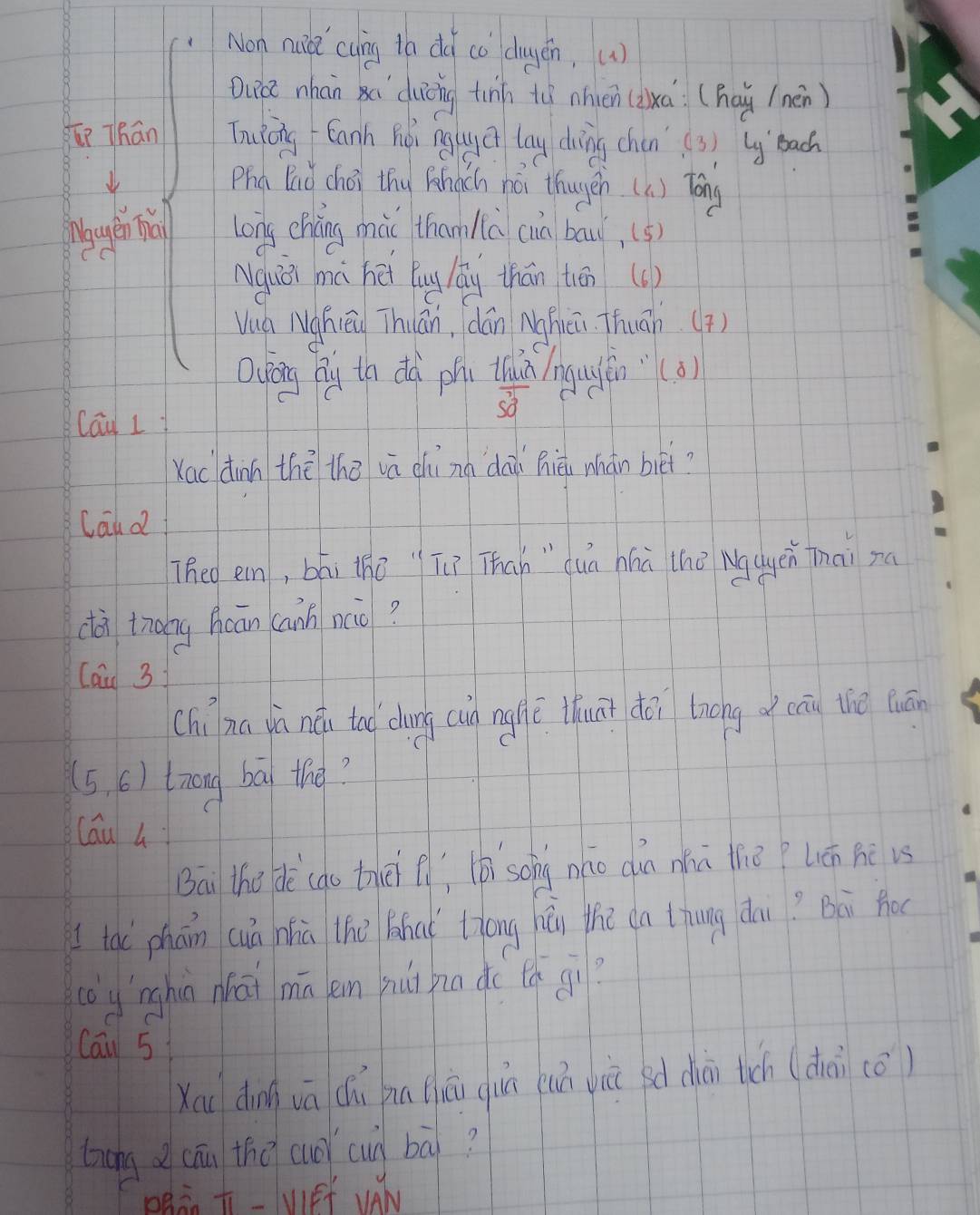 Non nd cuing to do co duyén, () 
Quá nhán x duiing tinn tù nhien (ixā (hag (nén) 
í Thān Tuiong Eanh hǒi nguga lay dìng chen(3) b bach 
Phd Bad chéi thy fohach hos thugen(a) Tóng 
long cháng mài thamlā cin baw, (5) 
Nuǔ mà hēi qug lág thán tān (6) 
Vua Nghen Thuān, dán Nghèi Thuān(?) 
Qyàng Qg th dà phi thuō inguǒǒn(a) 
sa 
cau I 
Xac dinn thē thē vā chi nn daà hài nhán biét? 
cand 
Thed en, bāi tho " T Thah " duā híà thè Ngagen Thai na 
dà tiāng hoān (ann náo? 
Lai 3 
chína jū ná te dōng cià nghē thuāt doi lnong o cāu the quān
(5,6) tiong bā the? 
Cáu L 
Bai the de (go twēi fl, (ó song náo dùn nhū thiē ? uán hè vs 
I tai phán (uá niū the shai Hóng hǎi the da thung dai? Bài fo 
(oyinghú nhāi mā en hu pio do tǎ gi? 
Can 5 
Xóu dīng vā (hí nú iā guā uá yiā sd ciāi tich (diài (ǒ) 
bong cān the cuo) cu bā? 
DR÷ t-VFf val