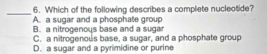 Which of the following describes a complete nucleotide?
A. a sugar and a phosphate group
B. a nitrogenous base and a sugar
C. a nitrogenous base, a sugar, and a phosphate group
D. a sugar and a pyrimidine or purine