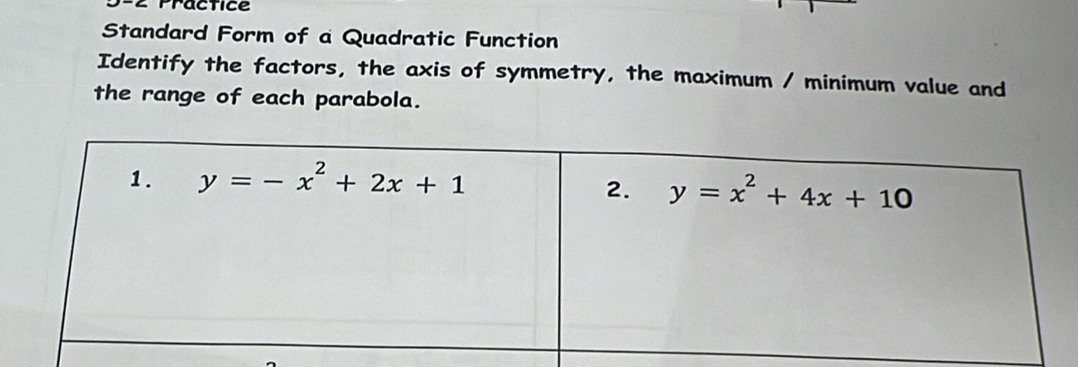 practice
Standard Form of a Quadratic Function
Identify the factors, the axis of symmetry, the maximum / minimum value and
the range of each parabola.