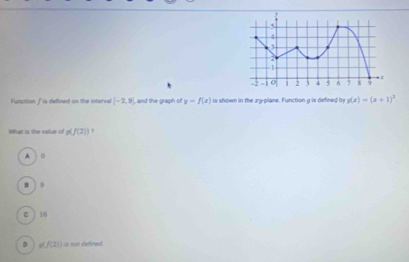 Function ƒ is defined on the interval [-2,9) , and the graph of y=f(x) is shown in the zy -plane. Function g is defined by g(x)=(x+1)^2. 
What is the value of g(f(2)) ?
A 0
B 9
C | 16
D g(f(2)) is not defined .