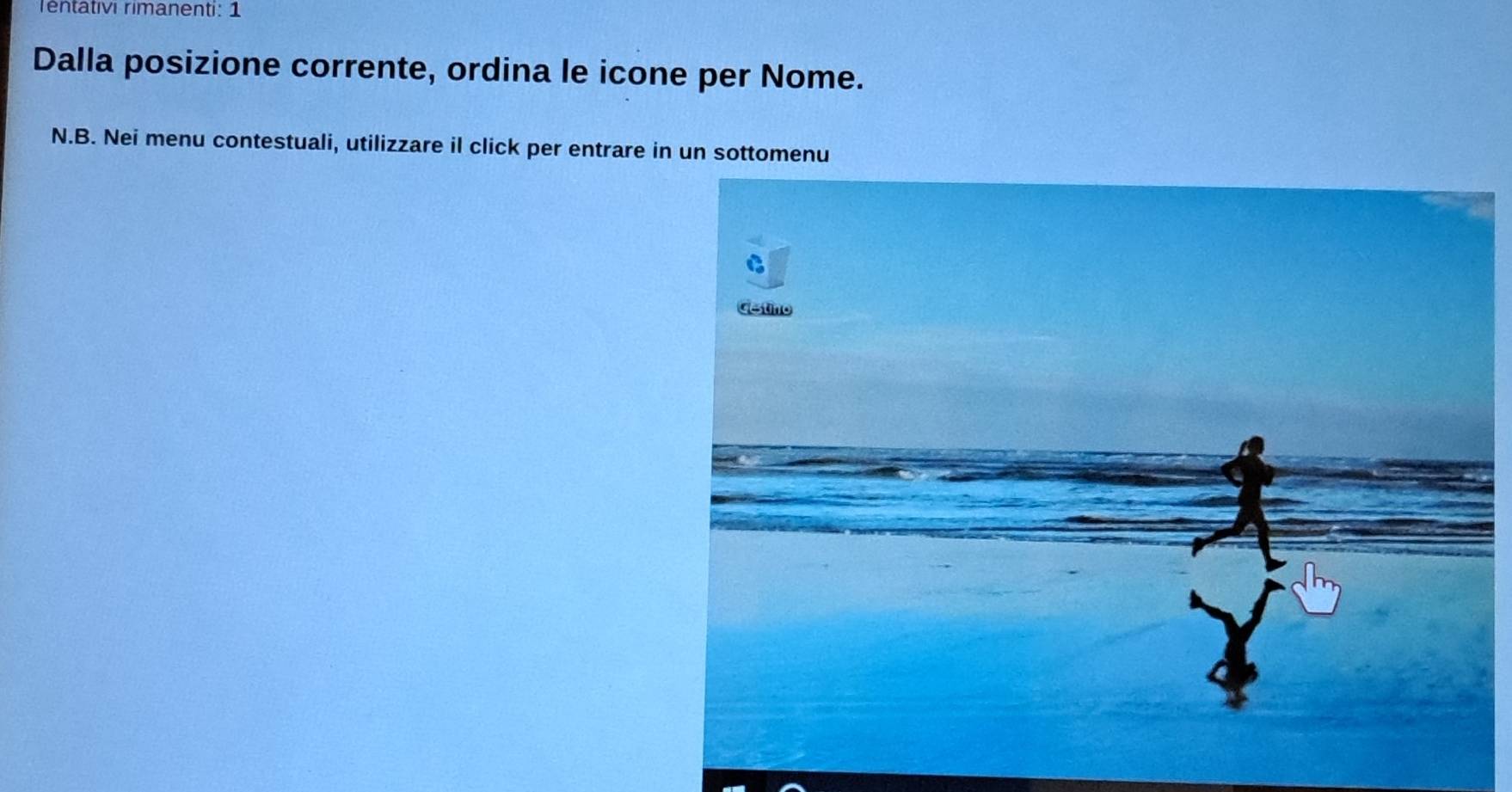 rentativi rimanenti: 1 
Dalla posizione corrente, ordina le icone per Nome. 
N.B. Nei menu contestuali, utilizzare il click per entrare in un sottomenu