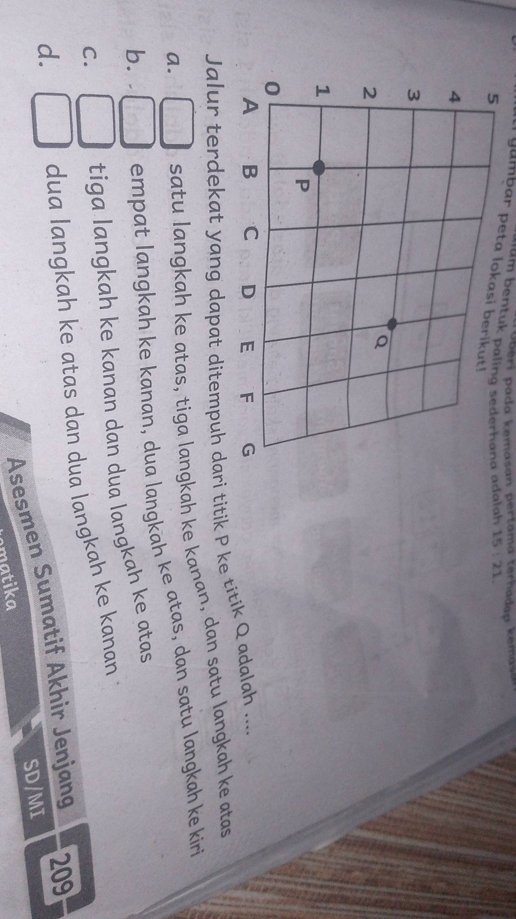 oberi pada kemasan p ertama terhadep k emasa 
a en tuk paling sederhana adal 15 : 21.
' gambar peta lokasi berikut!
Jalur terdekat yang dapat ditempuh dari titik P ke titik Q adalah ....
a.
satu langkah ke atas, tiga langkah ke kanan, dan satu langkah ke atas
b.
empat langkah ke kanan, dua langkah ke atas, dan satu langkah ke kiri
C.
tiga langkah ke kanan dan dua langkah ke atas
d.
dua langkah ke atas dan dua langkah ke kanan .
Asesmen Sumatif Akhir Jenjang 209
SD/MI
natika