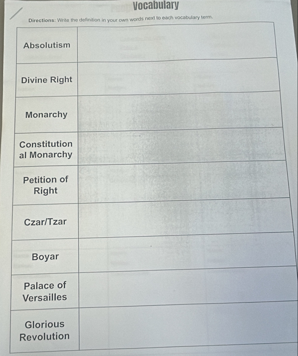 Vocabulary 
each vocabulary term.