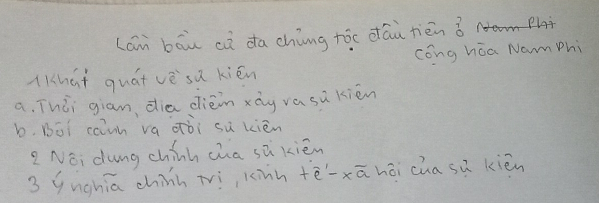 Lan bāu cà da chíng tóc dāu jiēn Play 
cong hia Nam Phi 
That quátvè sa kién 
a. ThÉi giam, dia dièm xày vasu kièn 
b. Bot cainn va dòi su kièn 
2 Noi dung chinh cha sǔ kièn 
3 qughia chinn tì, kinn tè-xāhēi cha sù kièn