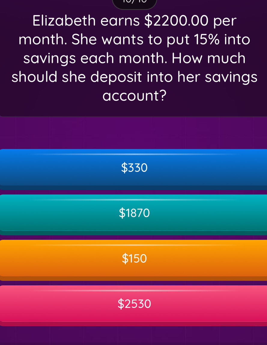 Elizabeth earns $2200.00 per
month. She wants to put 15% into
savings each month. How much
should she deposit into her savings 
account?
$330
D 1870
$150
$2530