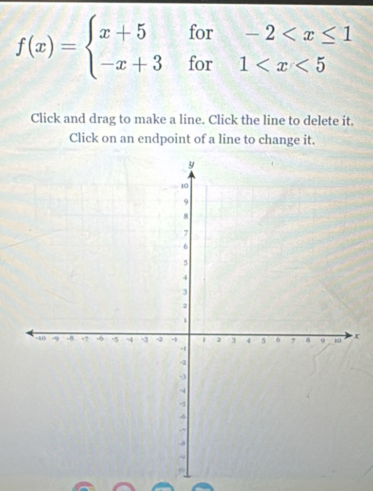 f(x)=beginarrayl x+5for-2
Click and drag to make a line. Click the line to delete it. 
Click on an endpoint of a line to change it.
x