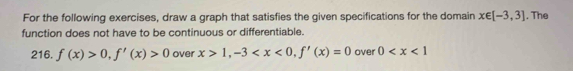 For the following exercises, draw a graph that satisfies the given specifications for the domain x∈ [-3,3]. The 
function does not have to be continuous or differentiable. 
216. f(x)>0, f'(x)>0 over x>1, -3 , f'(x)=0 over 0