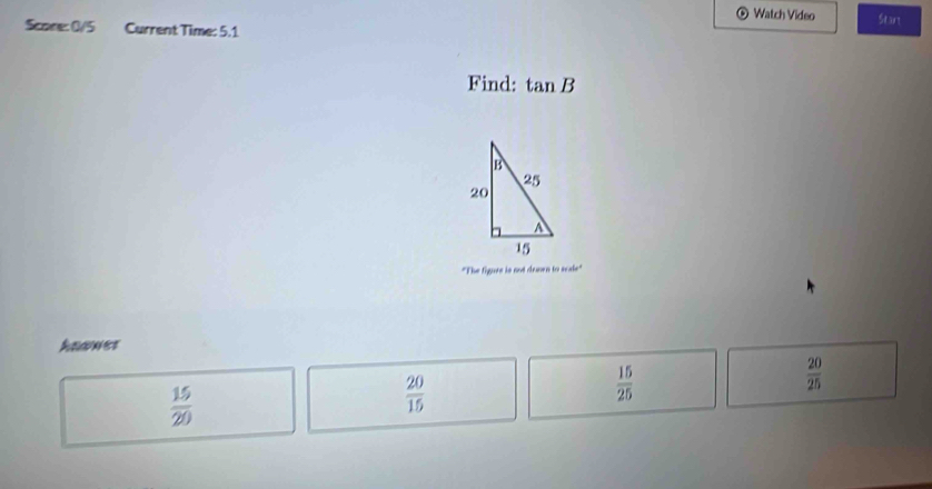 Watch Video
Score: 0/5 Current Time: 5.1 Start
Find: tan B
"The figure is not dunen to scale"
hnaner
 20/25 
 15/20 
 20/15 
 15/25 