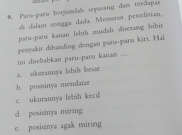 Paru-paru berjumlah sepasang dan terdapat
di dalam rongga dada. Menurut penelitian,
paru-paru kanan lebih mudah diserang bibit
penyakit dibanding dengan paru-paru kiri. Hal
ini disebabkan paru-paru kanan ....
a. ukurannya lebih besar
b. posisinya mendatar
c. ukurannya lebih kecil
d. posisinya miring
e. posisinya agak miring