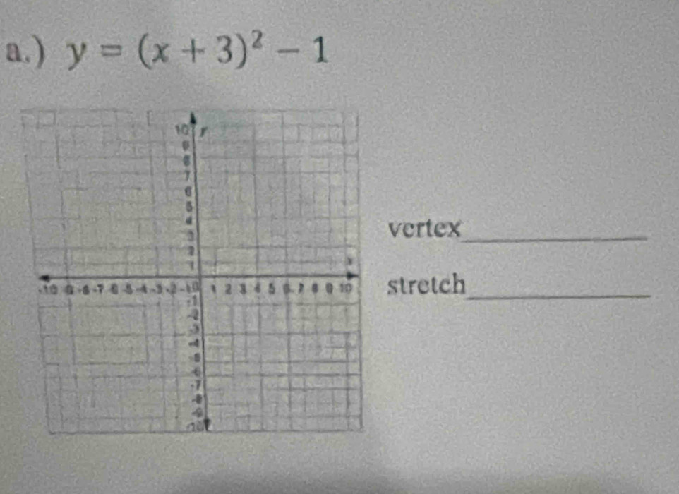 ) y=(x+3)^2-1
vertex_ 
tretch_