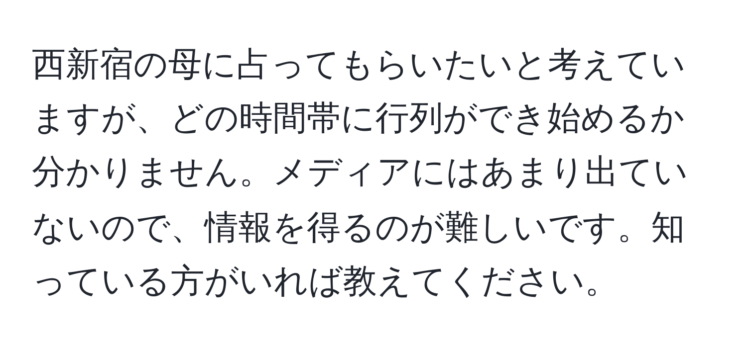 西新宿の母に占ってもらいたいと考えていますが、どの時間帯に行列ができ始めるか分かりません。メディアにはあまり出ていないので、情報を得るのが難しいです。知っている方がいれば教えてください。