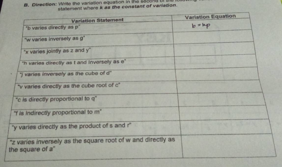 Direction: Write the variation equation in the secona of the i
statement where k as the constant of variation.