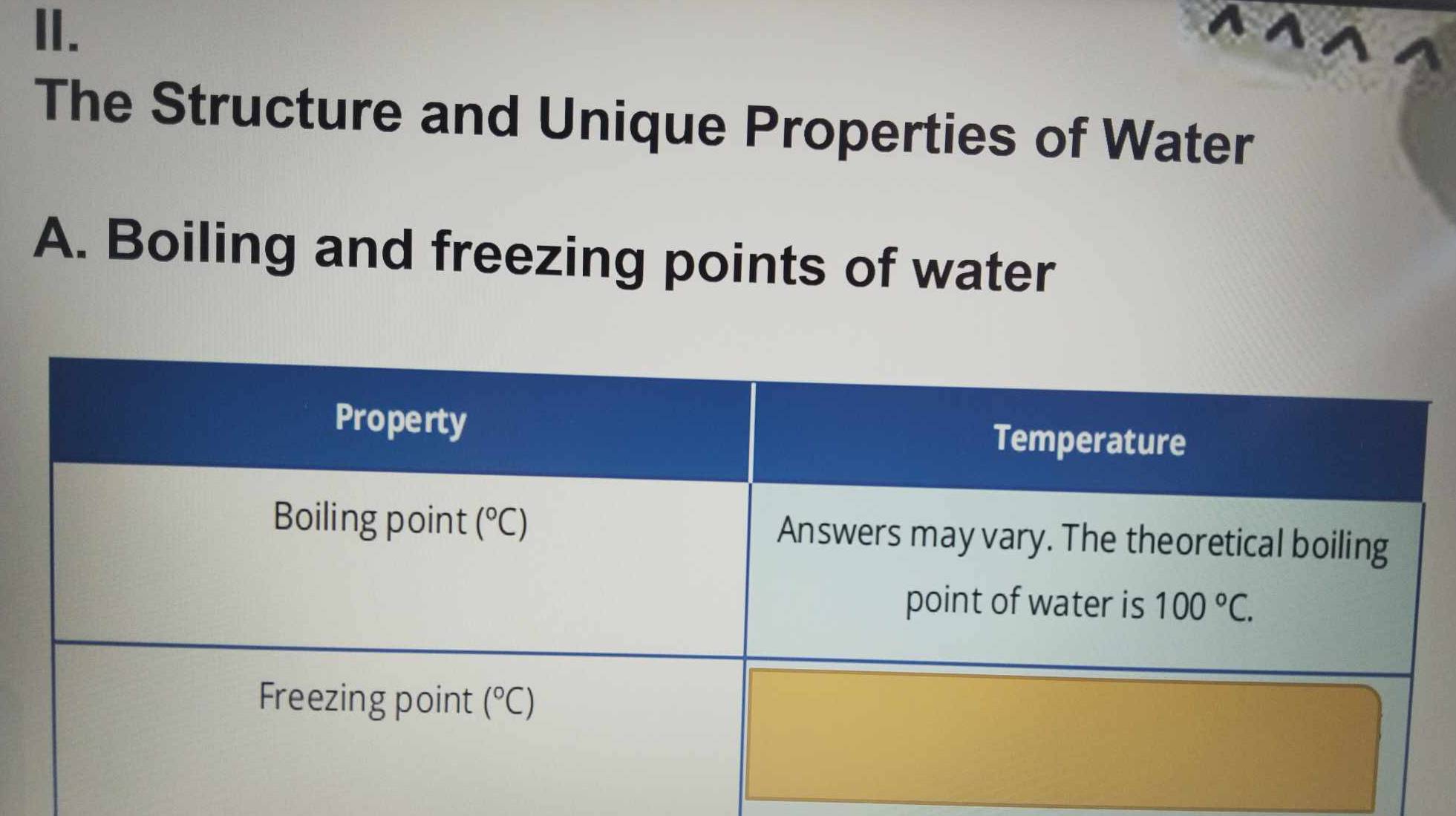 The Structure and Unique Properties of Water
A. Boiling and freezing points of water