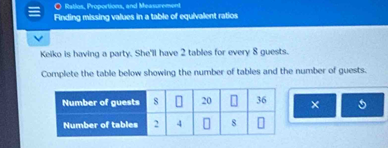 Ratios, Proportions, and Measurement 
Finding missing values in a table of equivalent ratios 
Keiko is having a party. She'll have 2 tables for every 8 guests. 
Complete the table below showing the number of tables and the number of guests. 
×