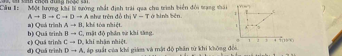 cau, thi sinh chọn đung hoạc sai.
Câu 1: Một lượng khí lí tưởng nhất định trải qua chu trình biến đồi trạng thái V(m^x)
Ato Bto Cto Dto A như trên đồ thị V-T ở hình bên.
2 B C
a) Quá trình Ato B , khí tỏa nhiệt. 1 A D
b) Quá trình Bto C :, mật độ phân tử khí tăng.
o
c) Quá trình Cto D , khí nhận nhiệt. 1 2 3 A T(10²K)
d) Quá trình Dto A , áp suất của khí giảm và mật độ phân tử khí không đổi.