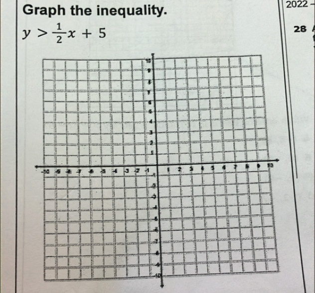 Graph the inequality. 
2022
y> 1/2 x+5
28