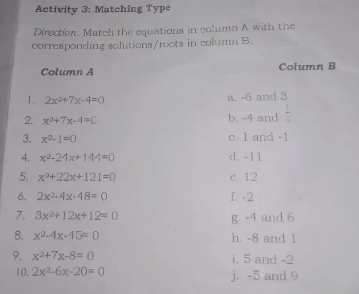 Solved: Activity 3: Matching Type Direction: Match the cquations in ...