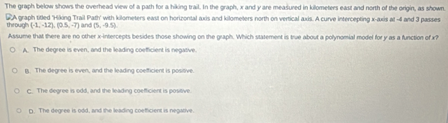 The graph below shows the overhead view of a path for a hiking trail. In the graph, x and y are measured in kilometers east and north of the origin, as shown.
# A graph titled 'Hiking Trail Path' with kilometers east on horizontal axis and kilometers north on vertical axis. A curve intercepting x-axis at -4 and 3 passes
through (-1,-12), (0.5,-7) and (5,-9.5)
Assume that there are no other x-intercepts besides those showing on the graph. Which statement is true about a polynomial model for y as a function of x?
A. The degree is even, and the leading coefficient is negative.
B. The degree is even, and the leading coefficient is positive.
C. The degree is odd, and the leading coefficient is positive.
D. The degree is odd, and the leading coefficient is negative.