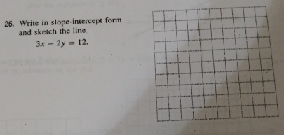 Write in slope-intercept form 
and sketch the line
3x-2y=12.