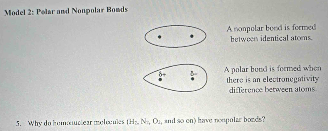 Model 2: Polar and Nonpolar Bonds 
A nonpolar bond is formed 
between identical atoms. 
A polar bond is formed when 
there is an electronegativity 
difference between atoms. 
5. Why do homonuclear molecules (H_2,N_2,O_2 , and so on) have nonpolar bonds?