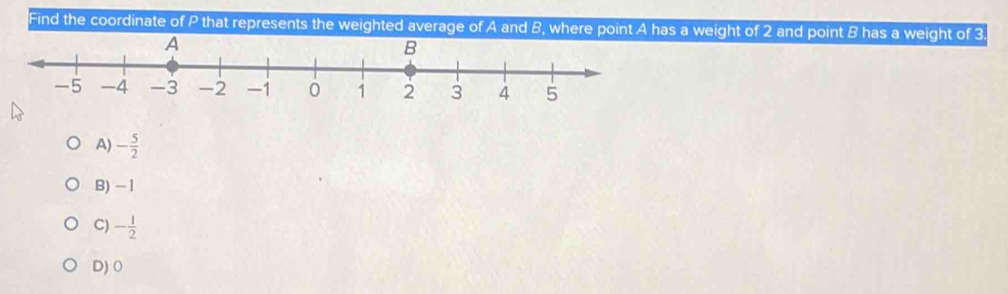 Find the coordinate of P that represents the weighted average of A and B, where pas a weight of 2 and point B has a weight of 3
A) - 5/2 
B) - 1
C) - 1/2 
D) 0