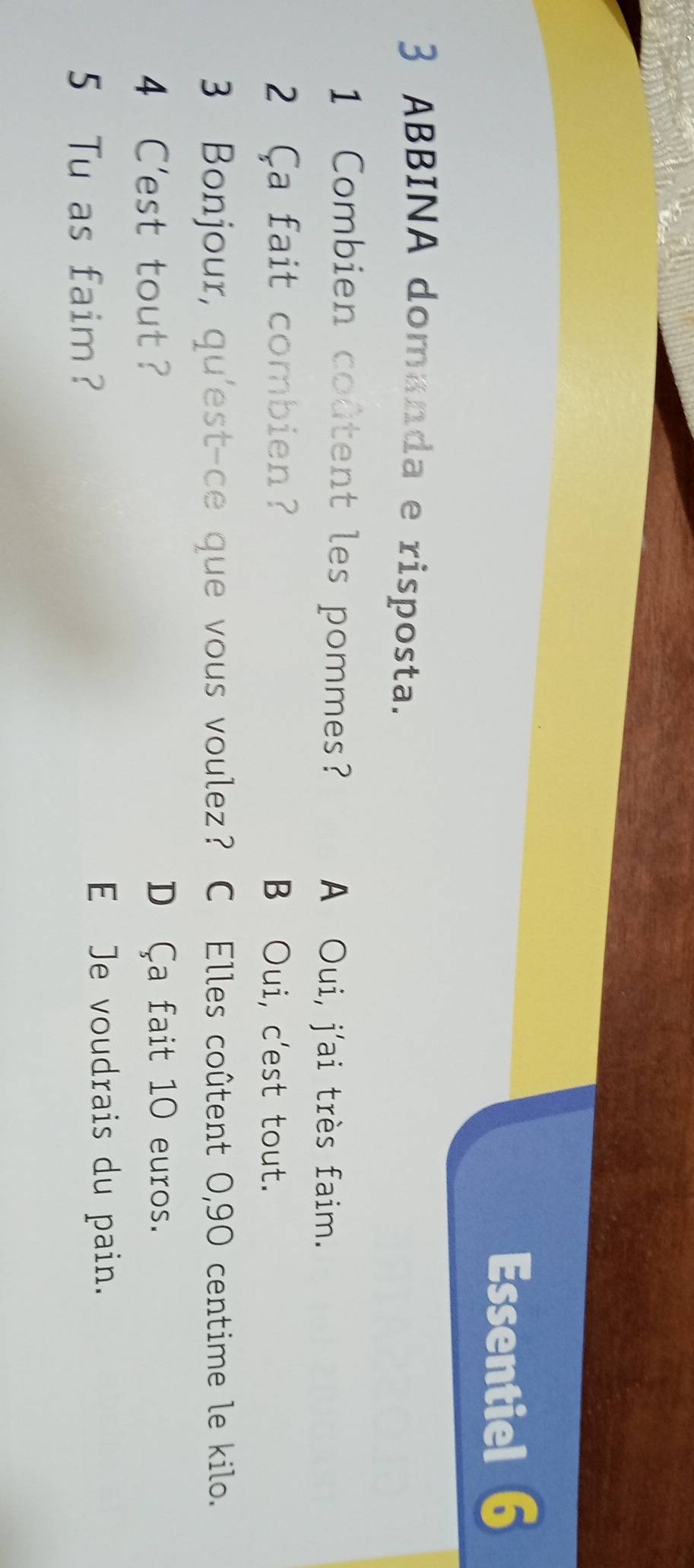 Essentiel 6
3 ABBINA domanda e risposta.
1 Combien coûtent les pommes? A Oui, j'ai très faim.
2 Ça fait combien? B Oui, c'est tout.
3 Bonjour, qu'est-ce que vous voulez? C Elles coûtent 0,90 centime le kilo.
4 C'est tout ? D Ça fait 10 euros.
5 Tu as faim?
E Je voudrais du pain.