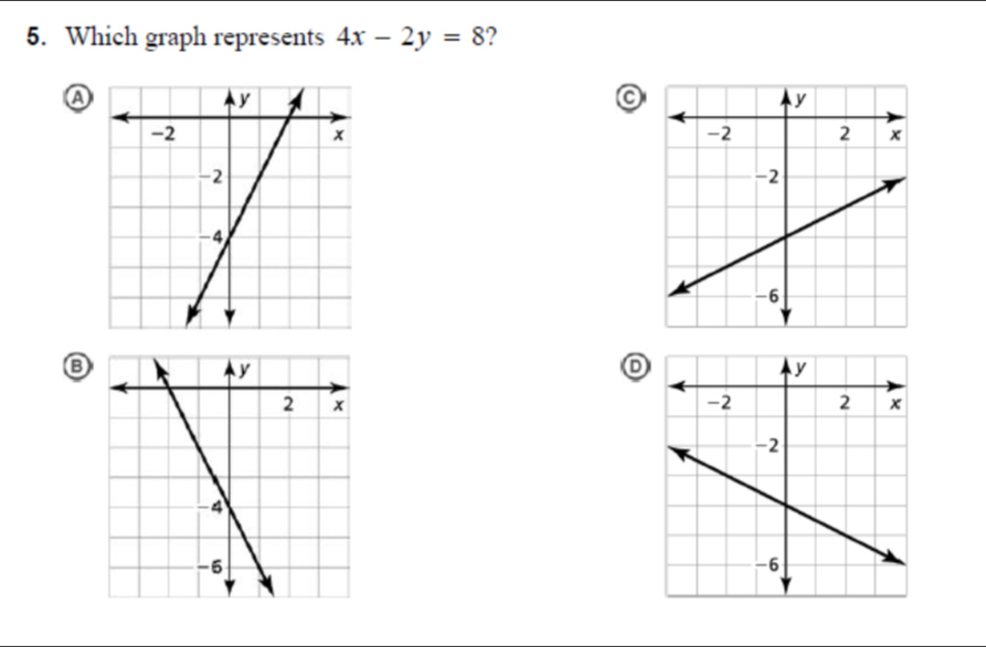 Which graph represents 4x-2y=8 ? 
A 
B