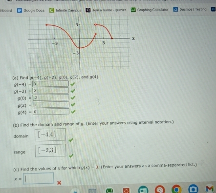 hboard Google Docs Infinite Campus Join a Game - Quizizz Graphing Calculator Desmos | Testing 
(a) Find g(-4), g(-2) , g(0), g(2) ,, an d g(4).
g(-4)= 3
g(-2)=2
g(0)=-2
g(2)=1
g(4)=0
(b) Find the domain and range of g. (Enter your answers using interval notation.) 
domain [-4,4]
range [-2,3]
(c) Find the values of x for which g(x)=3. (Enter your answers as a comma-separated list.)
x=□
~