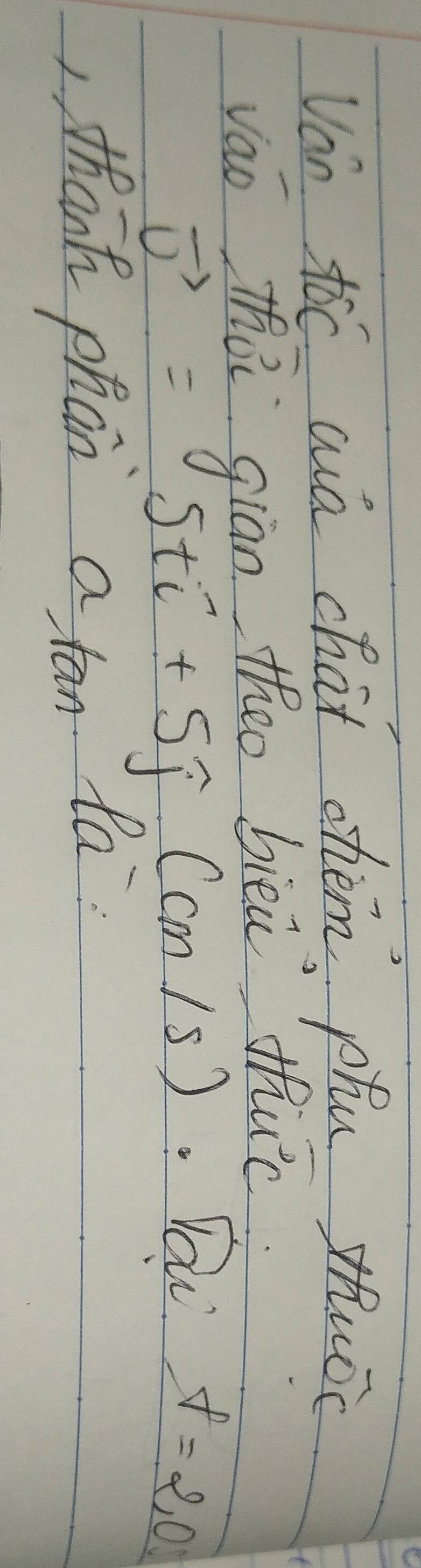 Van tóC wá chat chém phu suǒc 
vao tha giān theo bièa fhuc 
vector u= 5ti+5j+5j(cm/s) Dau s=2,0
, thanh phán a tan ta.