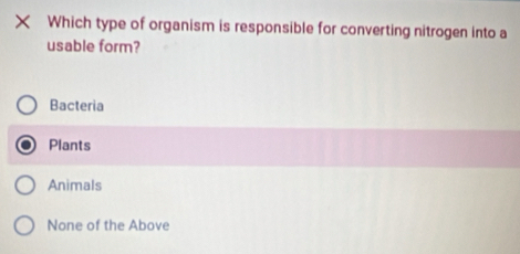 Which type of organism is responsible for converting nitrogen into a
usable form?
Bacteria
Plants
Animals
None of the Above