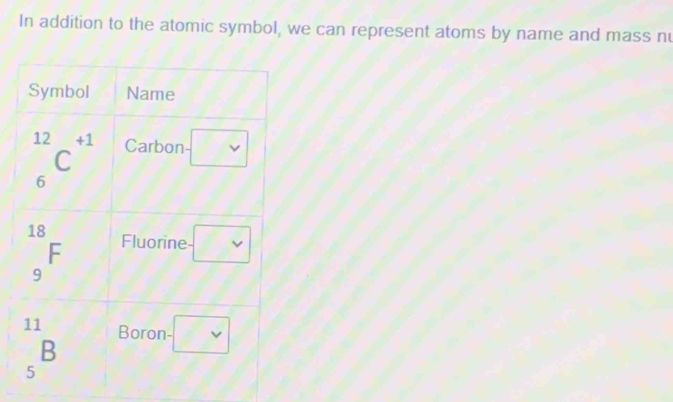 In addition to the atomic symbol, we can represent atoms by name and mass nu