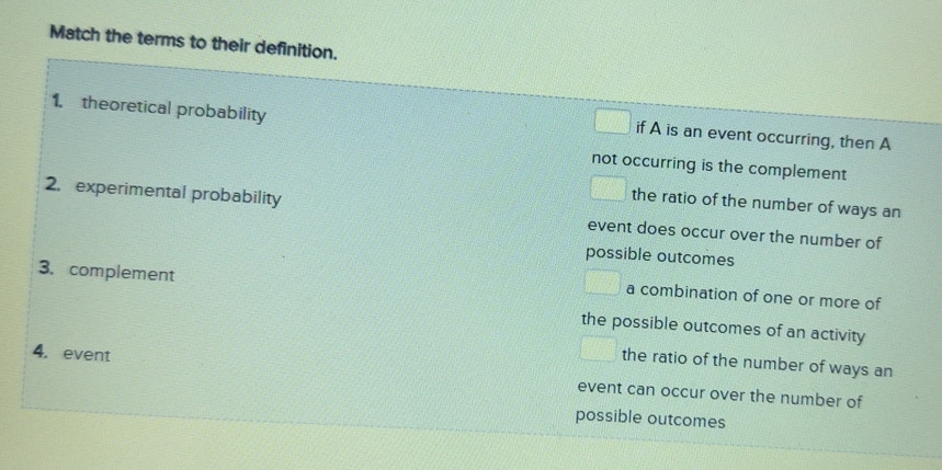 Solved: Match the terms to their definition. 1. theoretical probability ...
