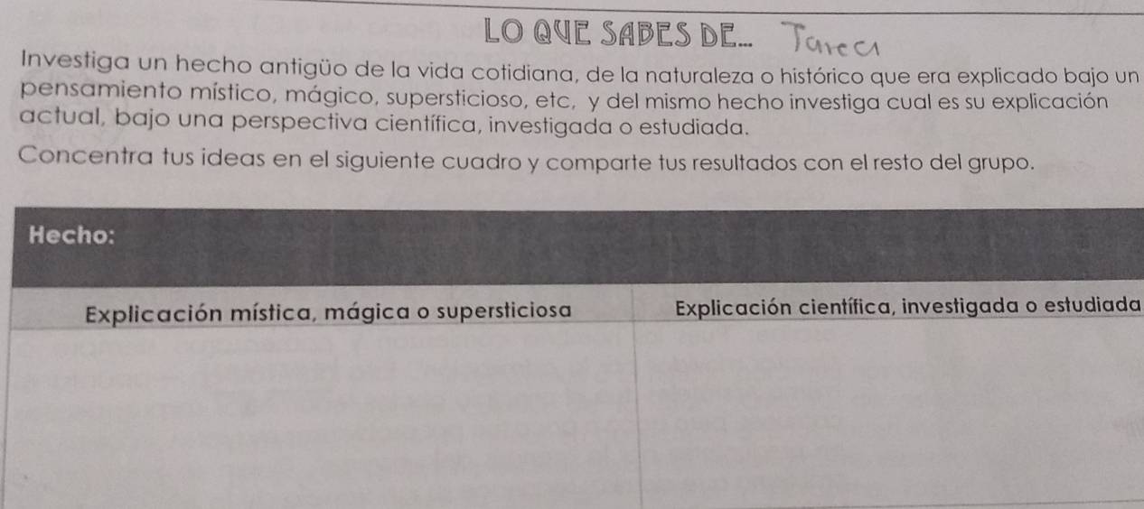 LO QUE SABES De... 
Investiga un hecho antigüo de la vida cotidiana, de la naturaleza o histórico que era explicado bajo un 
pensamiento místico, mágico, supersticioso, etc, y del mismo hecho investiga cual es su explicación 
actual, bajo una perspectiva científica, investigada o estudiada. 
Concentra tus ideas en el siguiente cuadro y comparte tus resultados con el resto del grupo. 
Hecho: 
Explicación mística, mágica o supersticiosa Explicación científica, investigada o estudiada