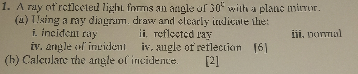 A ray of reflected light forms an angle of 30° with a plane mirror. 
(a) Using a ray diagram, draw and clearly indicate the: 
i. incident ray ii. reflected ray iii. normal 
iv. angle of incident iv. angle of reflection [6] 
(b) Calculate the angle of incidence. [2]