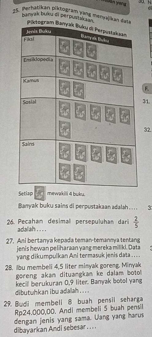 yubán yang 36. N
di
25. Perhatikan piktogram yang menyajikan dat
banyak buku di perpustakaan.
F,
31.
32.
Setiap mewakili 4 buku.
Banyak buku sains di perpustakaan adalah . .. . 3
26. Pecahan desimal persepuluhan dari  2/5 
adalah . . . .
27. Ani bertanya kepada teman-temannya tentang
jenis hewan peliharaan yang mereka miliki. Data
yang dikumpulkan Ani termasuk jenis data . . . .
28. Ibu membeli 4,5 liter minyak goreng. Minyak
goreng akan dituangkan ke dalam botol
kecil berukuran 0,9 liter. Banyak botol yang
dibutuhkan ibu adalah . . . .
29. Budi membeli 8 buah pensil seharga
Rp24.000,00. Andi membeli 5 buah pensil
dengan jenis yang sama. Uang yang harus
dibayarkan Andi sebesar . . . .