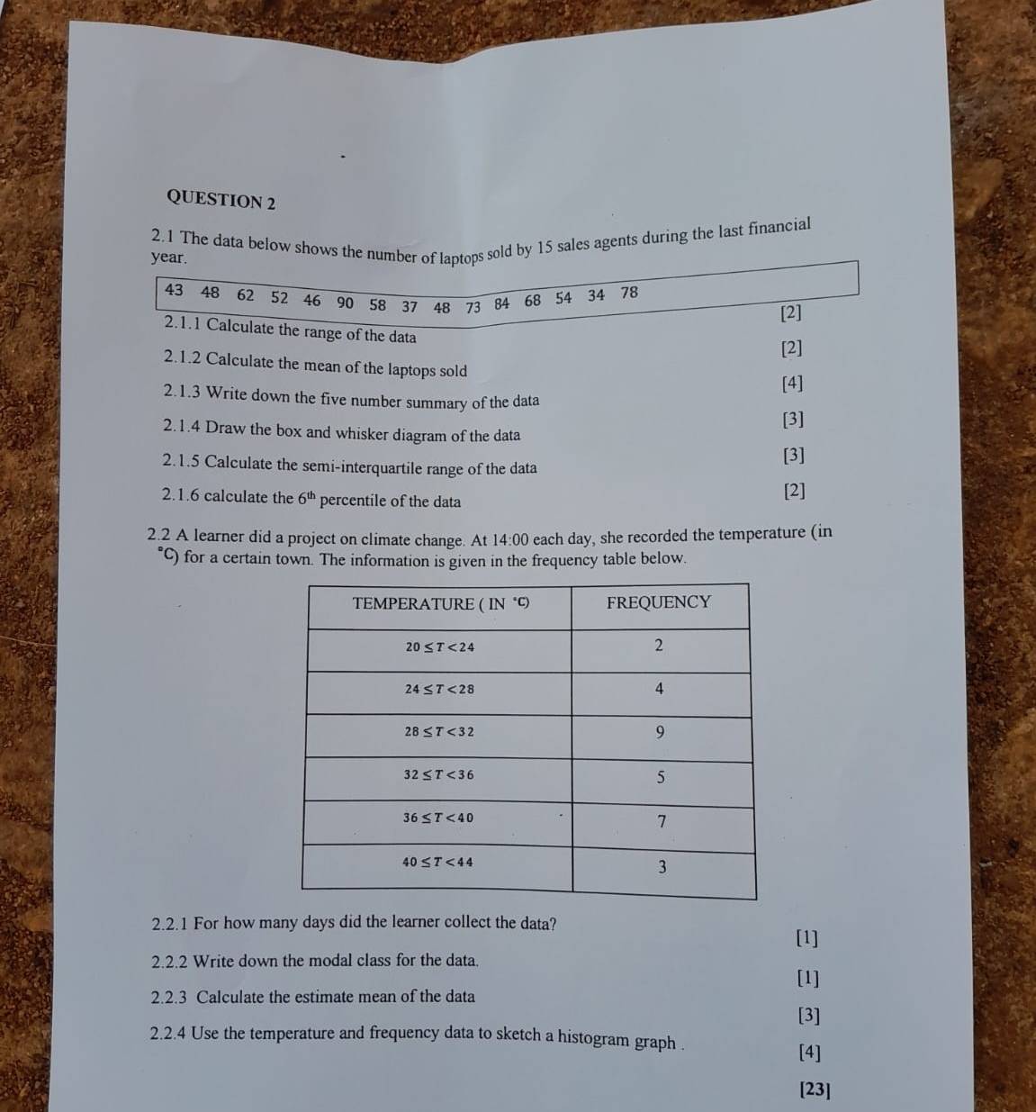 2.1 The data beloes agents during the last financial
2.2 A learner did a project on climate change. At 14:00 each day, she recorded the temperature (in
C) for a certain town. The information is given in the frequency table below.
2.2.1 For how many days did the learner collect the data?
[1]
2.2.2 Write down the modal class for the data.
[1]
2.2.3 Calculate the estimate mean of the data
[3]
2.2.4 Use the temperature and frequency data to sketch a histogram graph . [4]
[23]