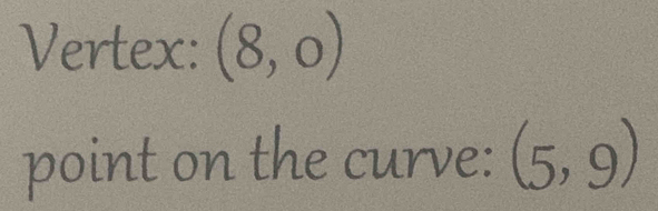 Vertex: (8,0)
point on the curve: (5,9)