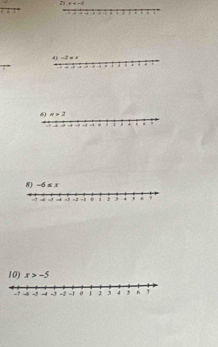 x
8) -6≤ x
-7 -5 -4 -3 -2 -1 α 1 2 j 4 5 6 7
10) x>-5