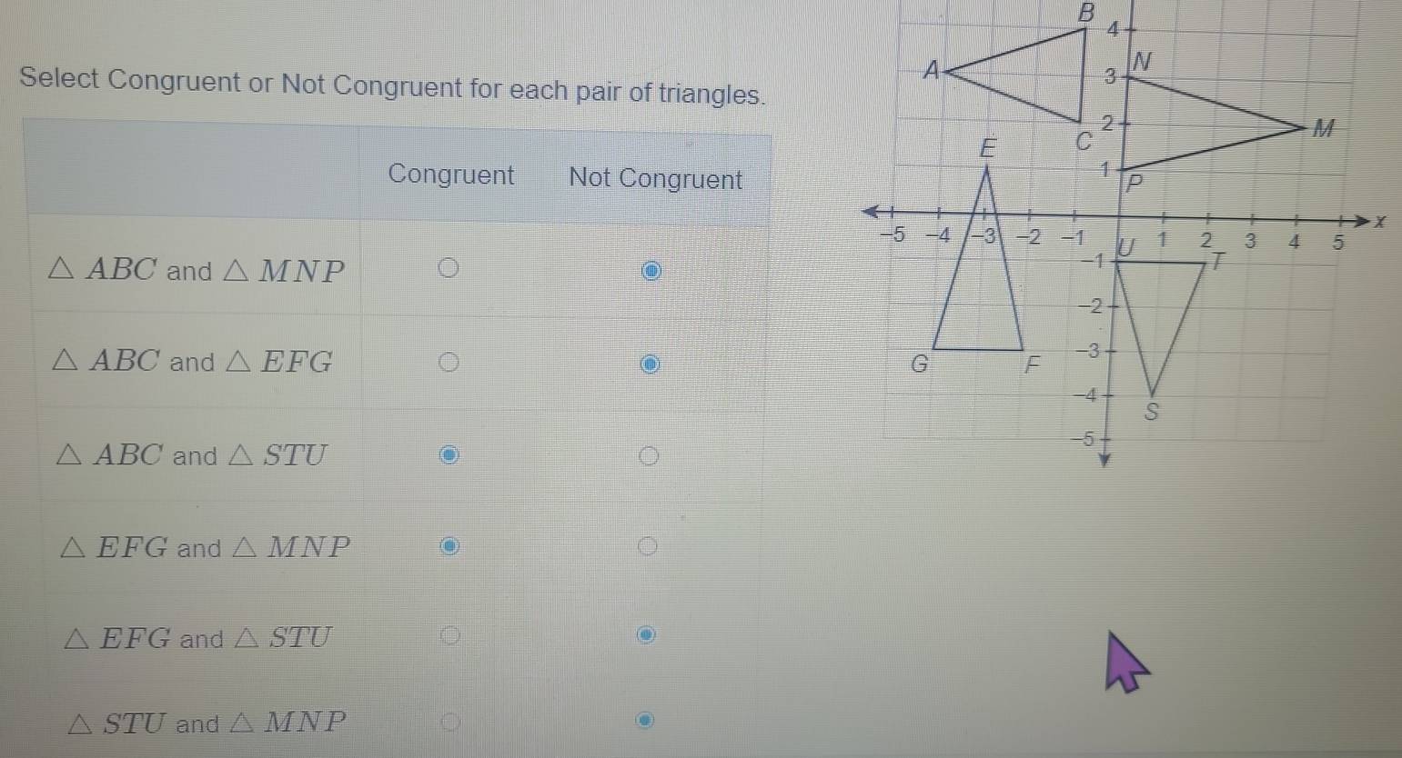 Select Congruent or Not Congruent for each p
x
△ STU and