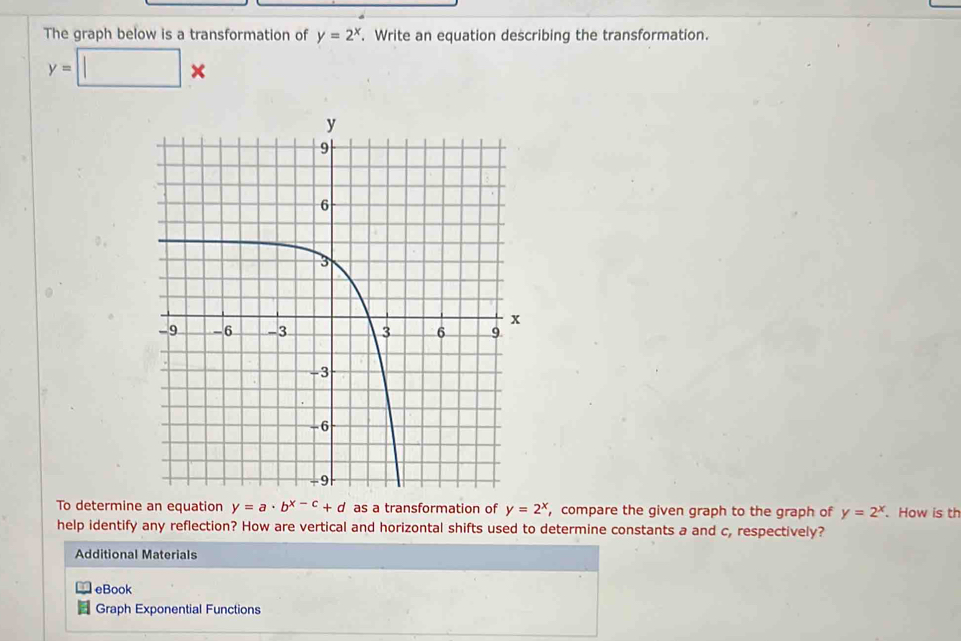 The graph below is a transformation of y=2^x. Write an equation describing the transformation.
y=□ x
To determine an equation y=a· b^(x-c)+d as a transformation of y=2^x , compare the given graph to the graph of y=2^x. How is th 
help identify any reflection? How are vertical and horizontal shifts used to determine constants a and c, respectively? 
Additional Materials 
eBook 
Graph Exponential Functions