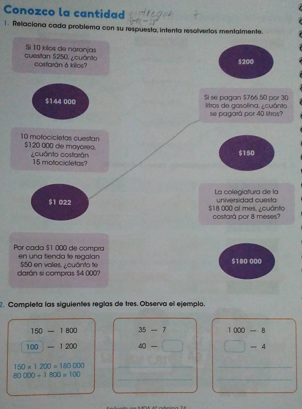 Conozco la cantidad
1. Relaciona cada problema con su respuesta, intenta resolverlos mentalmente.
Si 10 kilos de naranjas
cuestan $250, ¿cuánto
costarán 6 kilos?
$200
$144 000
Si se pagan $766.50 por 30
litros de gasolina, ¿cuánto
se pagará por 40 litros?
10 motocicletas cuestan
$120 000 de mayoreo,
cuánto costarán $150
15 motocicletas?
La colegiatura de la
$1 022 universidad cuesta
$18 000 al mes, ¿cuánto
costará por 8 meses?
Por cada $1 000 de compra
en una tienda te regalan
$50 en vales, ¿cuánto te
$180 000
darán si compras $4 000?
2. Completa las siguientes reglas de tres. Observa el ejemplo.
150-1800
35-7
1000-8
∴ (-(B_1/2A()
100 -1200 40- □ -4 
_ 150* 1200=180000
_
__
80000/ 1800=100